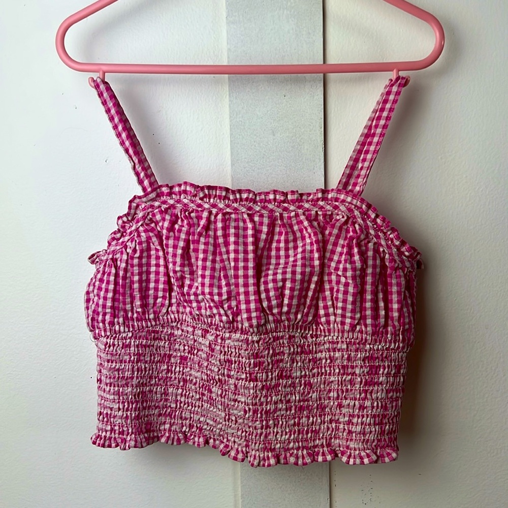 ZARA Kids Pink Gingham Smocked Ruffled Crop Top